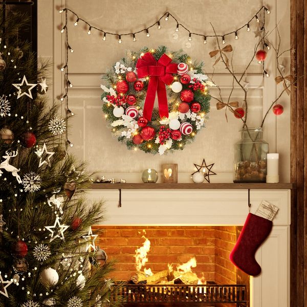 24" Pre-Lit Red & White Christmas Wreath with Ornaments
