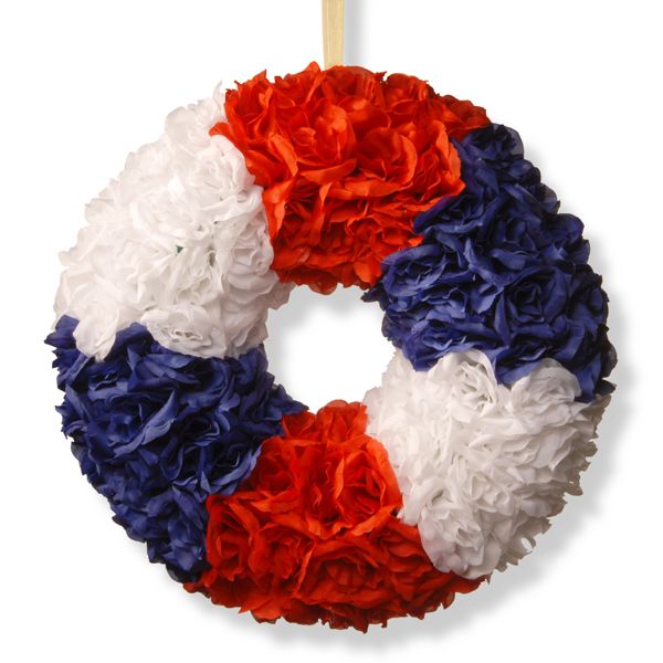 Patriotic Rose Red White Blue 18 Inch Artificial Wreath Decoration