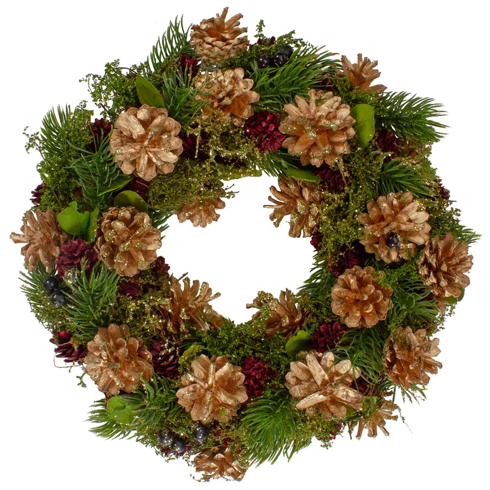 12 Inch Green Gold and Red Glitter Pinecones Christmas Wreath