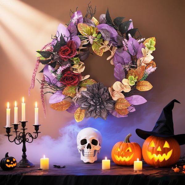 18-Inch Creepy Gothic Halloween Wreath with Spiders and Artificial Roses – Durable Halloween Décor