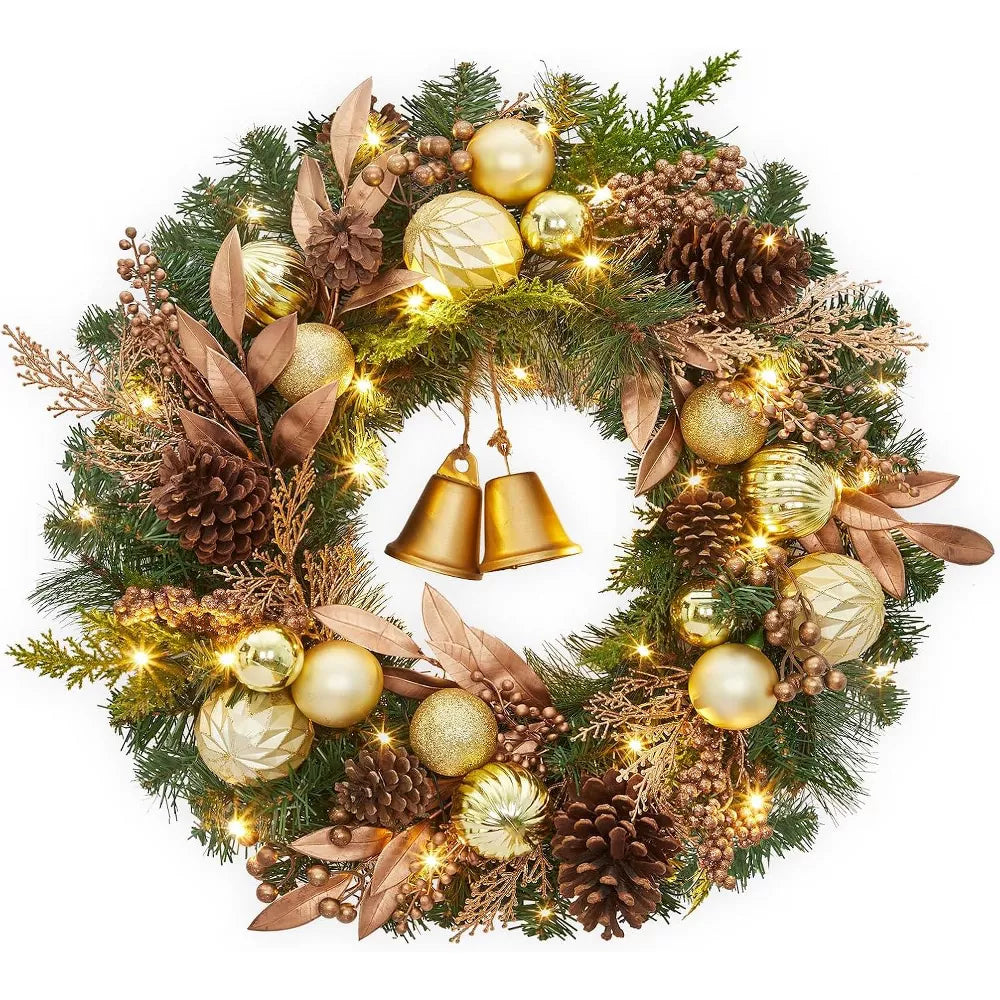 24 Inch Pre-Lit Christmas Wreath with Bells & Ornaments – 20 LED Lights for Front Door Décor