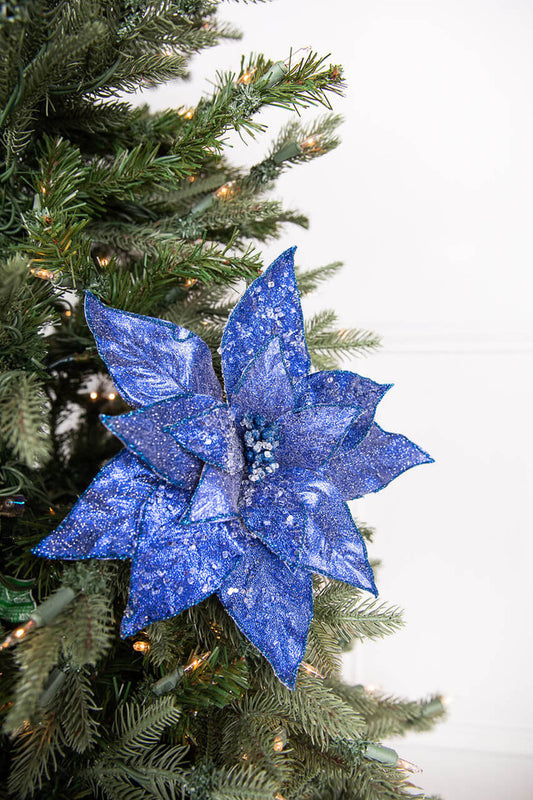 24 Inch x 11 Inch Glitter Iced Poinsettia Stem Midnight Blue Holiday Decoration