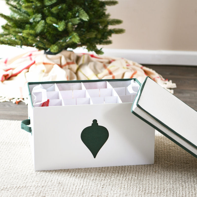 Green Polyester Ornament Chest with Cream Detail and Cardboard Inserts