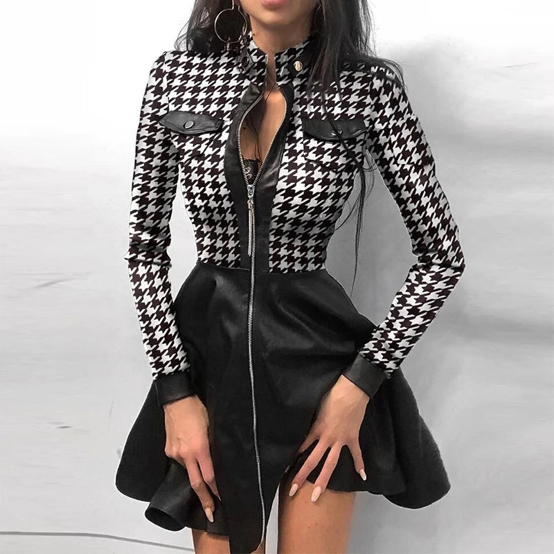 Dress Patchwork Party Zipper Pockets PU Leather Dress Women Sexy Lace Mesh Sleeve Patchwork Party Dress Winter Elegant Stand Neck Button Mini Dresses