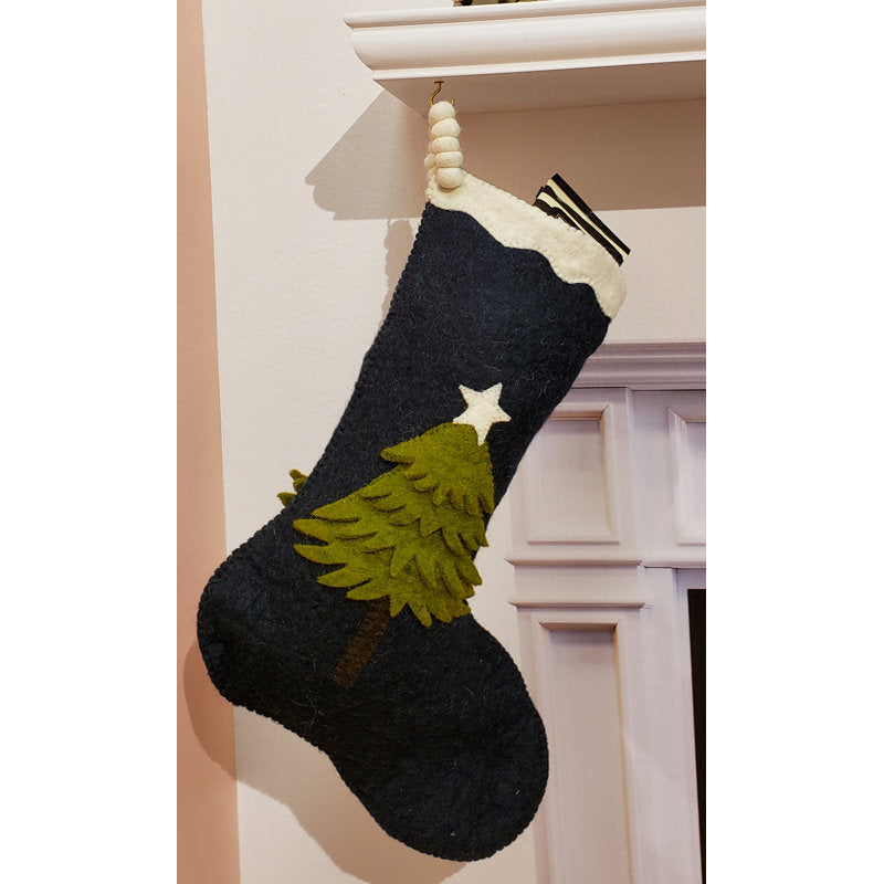 Hand Felted Wool Christmas Stocking - Tree on Navy Blue