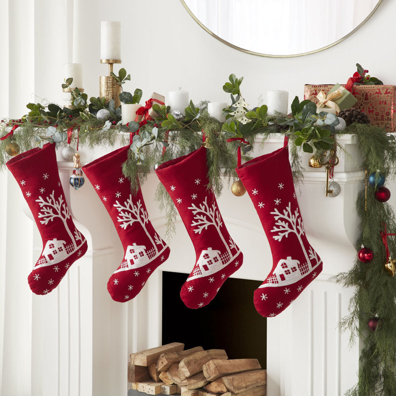 Handmade Christmas Stocking - Snowy Village Embroidered Scene on Red