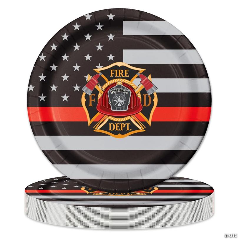 Havercamp Firefighter-Thin Red Line 9" Plates (24 Pack)! 24 Lg. Dinner Plates In The Official Thin Red Line Flag Pattern