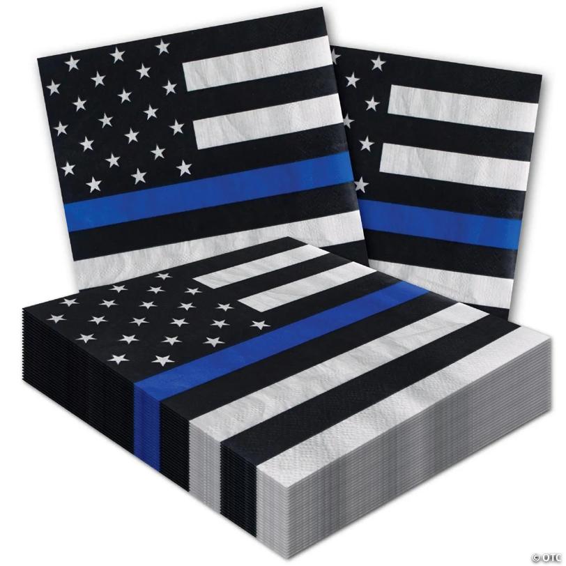 Havercamp Police-Thin Blue Line Luncheon Napkins (48 Pcs.)! Printed In The Official Thin Blue Line Flag Pattern. 48 Large Police Dinner Napkins.