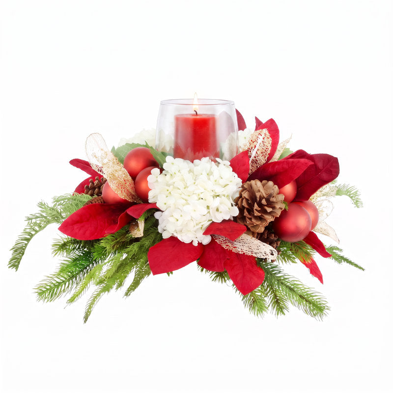 Holiday Candleholder with Hydrangeas, Magnolia Leaves, and Pinecones