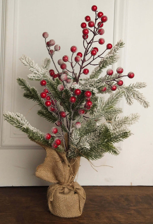 19” Frosted Artificial Christmas Tree with Red Berries Winter Tabletop Décor