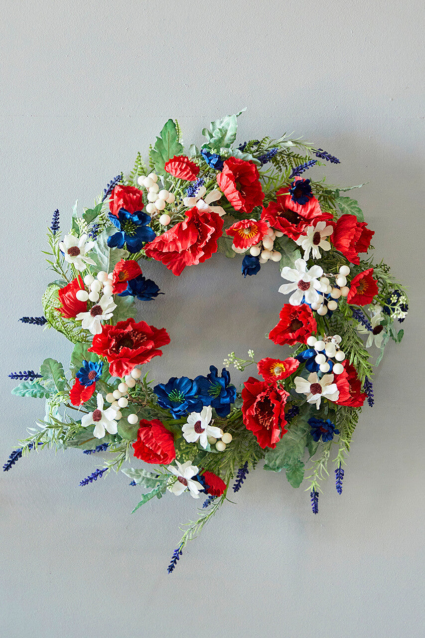 22" Poppy Berry Wreath Vibrant Red Floral Wreath with Berries for Seasonal & Memorial Décor