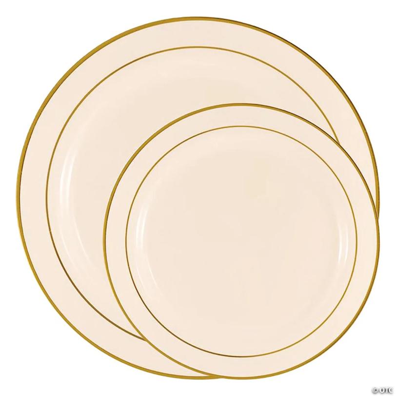 Ivory with Gold Edge Rim Plastic Plates Dinnerware Value Set (40 Dinner Plates + 40 Salad Plates) | USA Decoration®