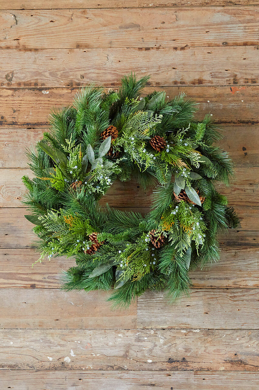 30" Mixed Juniper Cedar Wreath with Pinecones and Bayleaf Accents
