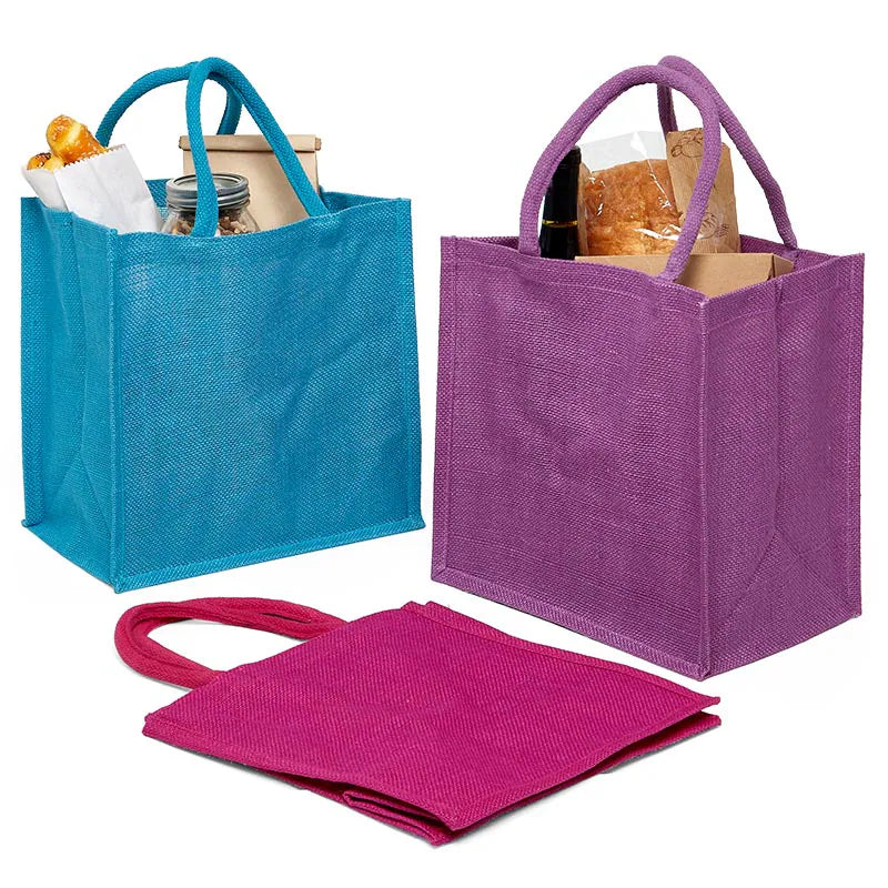 Jute Shopping Bags Natural Color - Laminated Interior 6 Pcs