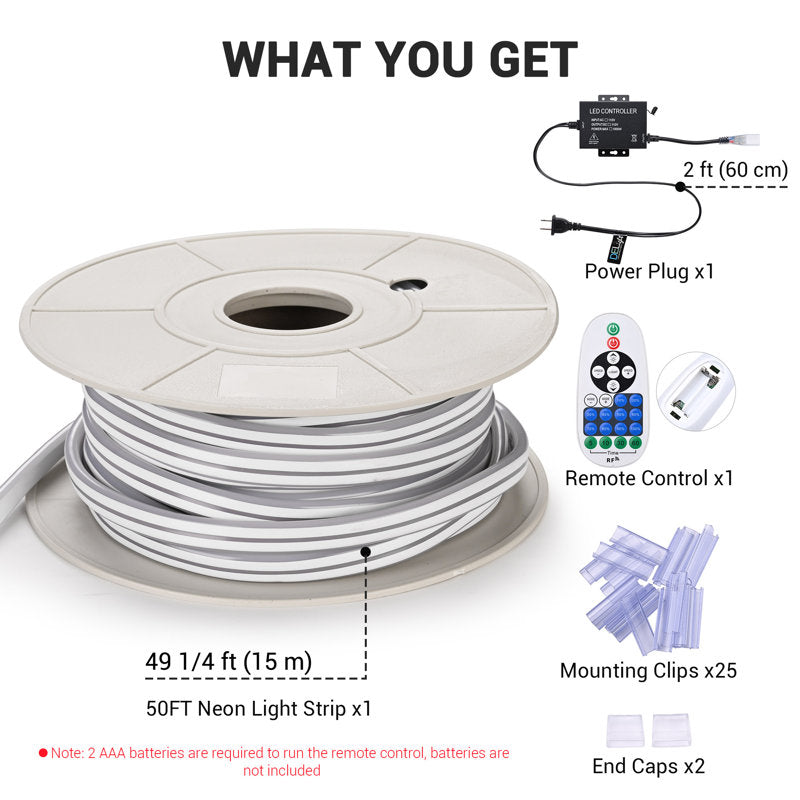 Lamuel DELight 50FT LED Strip Neon Rope Lights with Remote Control Waterproof Cuttable DIY Commercial Sign for Outdoor Warm White DEL-D50W