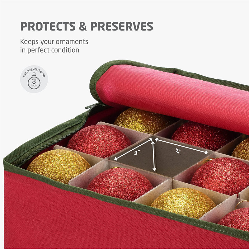Large Christmas Ornament Storage Box - Stores 128 3" Ornaments, With Dividers - Ornament Organizer Storage Box, Durable Christmas Containers Holder - Extra Pockets, Dual Zipper - Red