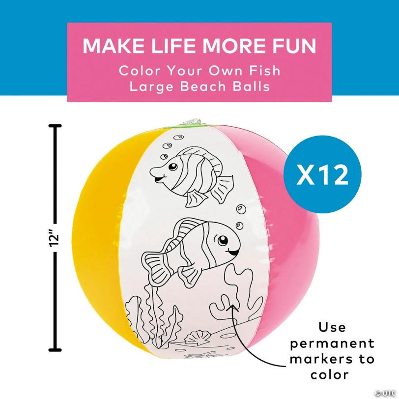 Large Inflatable 12" Color Your Own Fish Vinyl Beach Balls – 12 Pc.