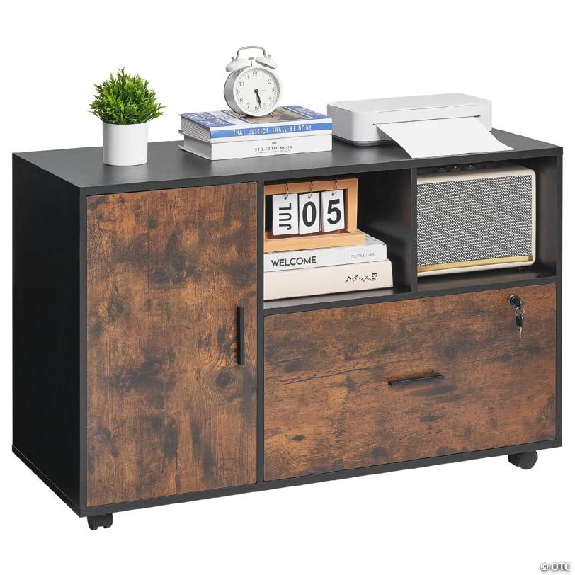Lockable Mobile Wood Filing Cabinet with Open Shelves in Rustic Brown