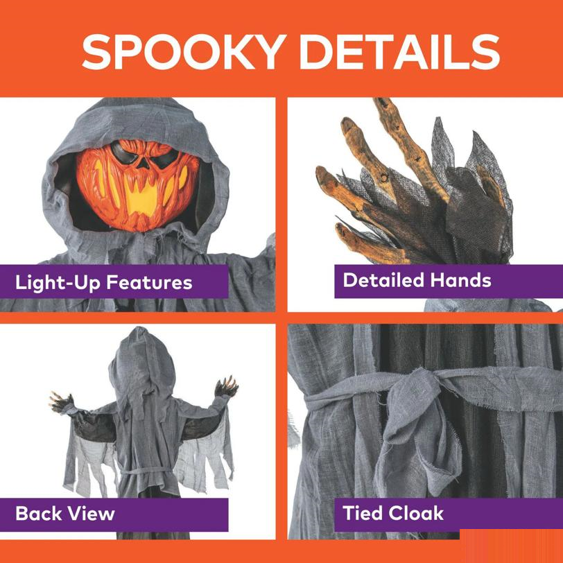 5 Ft 10 3/4" Animated Standing Light-Up Pumpkin Man in Hooded Cloak Halloween Decoration