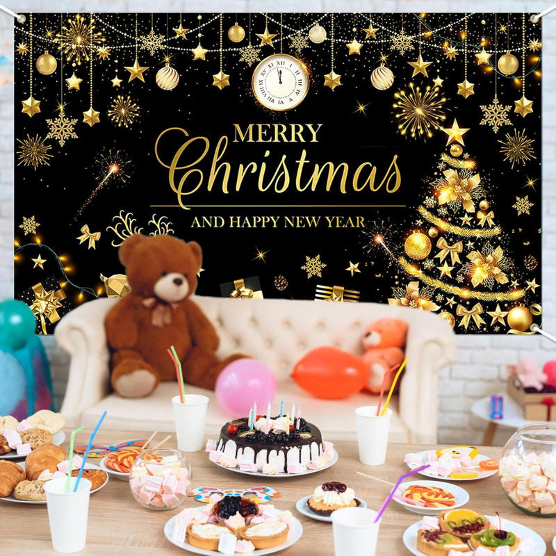 Merry Christmas Happy New Year Banner Christmas Black Gold Banner Happy New Year Banner Merry Christmas And Happy New Year Banner For Christmas And New Years Decorations 70.8 X 43.3 Inch