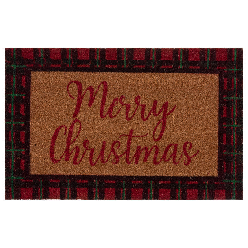 Merry Christmas Plaid Border Hand Loomed Indoor/Outdoor Doormat