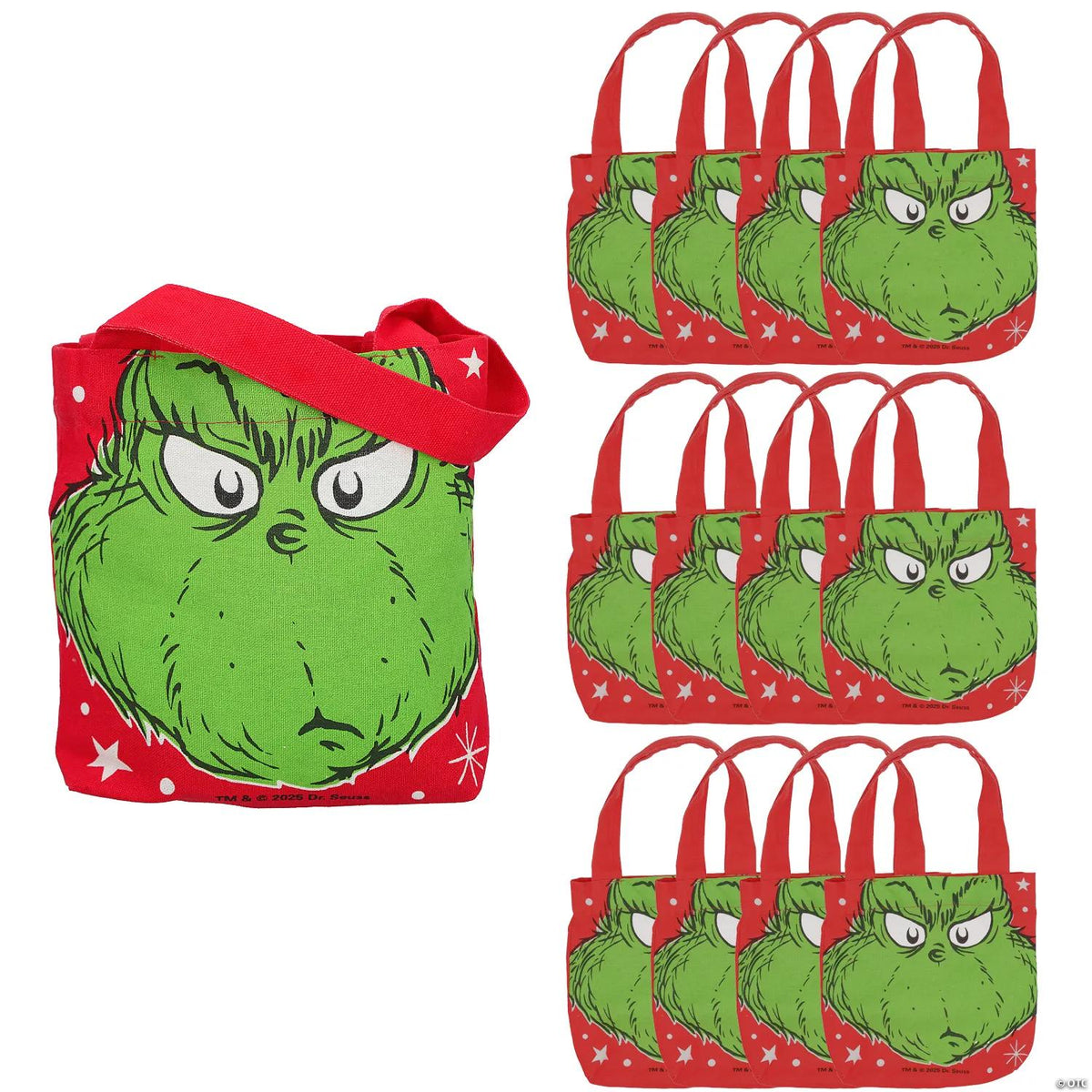 Twelve mini Dr. Seuss The Grinch nonwoven tote bags