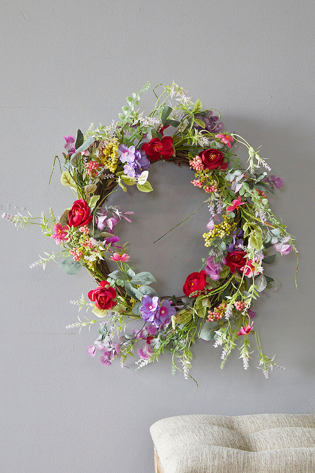 24" Mixed Flower Wreath Red Purple & Green Floral Décor