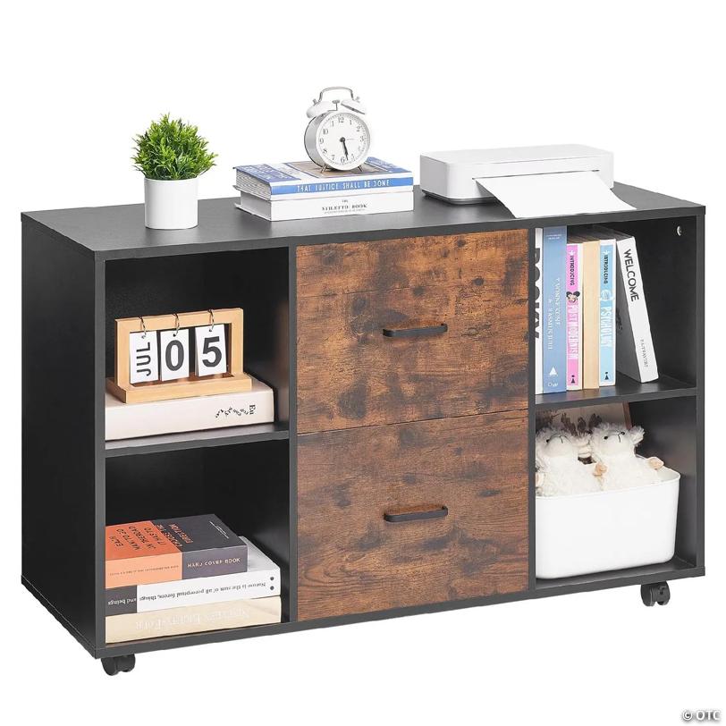 Mobile 2-Drawer Wood File Cabinet with Open Shelves in Black