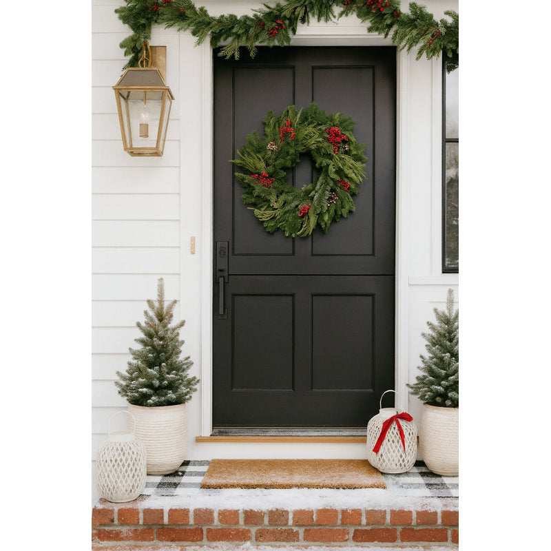 Natural Fresh Evergreens and Dried Flower Holiday Cedar, Red Berries, and Pine Cones Wreath