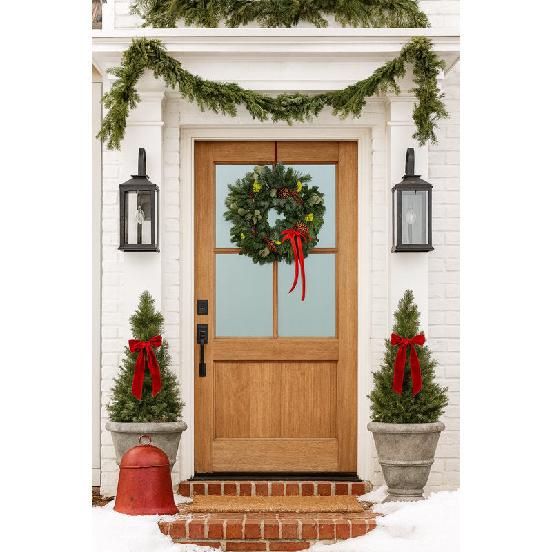 Natural Fresh Evergreens and Dried Flower Holiday Eucalyptus, Yarrow, Red Berries, and Red Satin Ribbon Bow Wreath