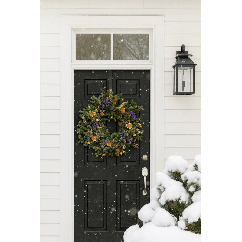 Natural Fresh Evergreens and Dried Flower Holiday Herbs, Ammobium, Sinuata, and Orange Citrus Slices Wreath