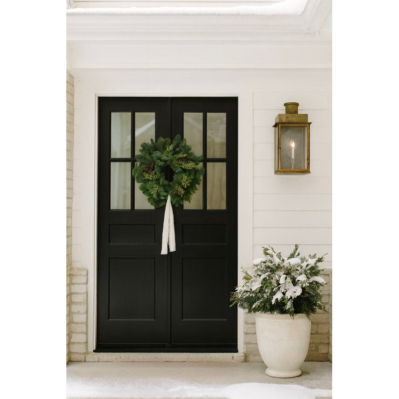 Natural Fresh Evergreens and Dried Flower Holiday Noble Fir, Juniper, and Pine Cones Wreath with Ivory Velvet Ribbon