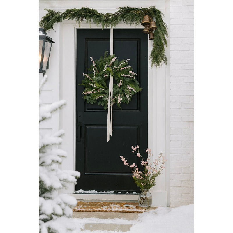 Natural Fresh Evergreens and Dried Flower Holiday Noble Fir, Pine, Cedar, Pink and White Larkpsur Wreath