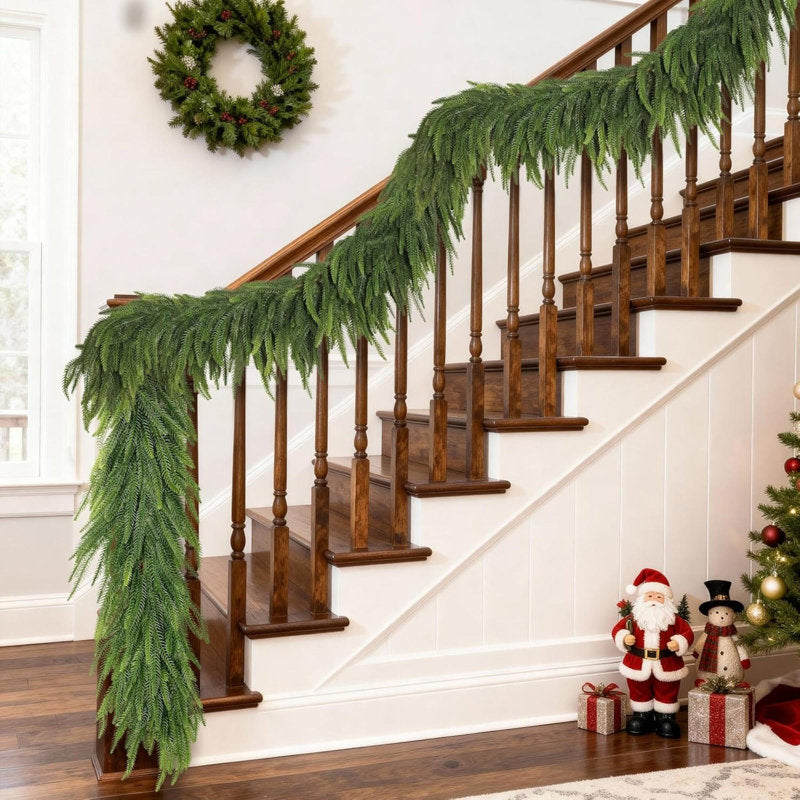 4 ft Glittered Pine Christmas Garland wrapped around a staircase banister