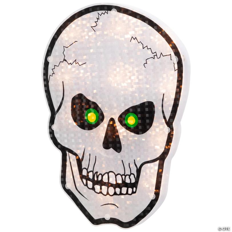 Northlight 12" Silver and Black Holographic Lighted Skull Halloween Window Silhouette Decoration