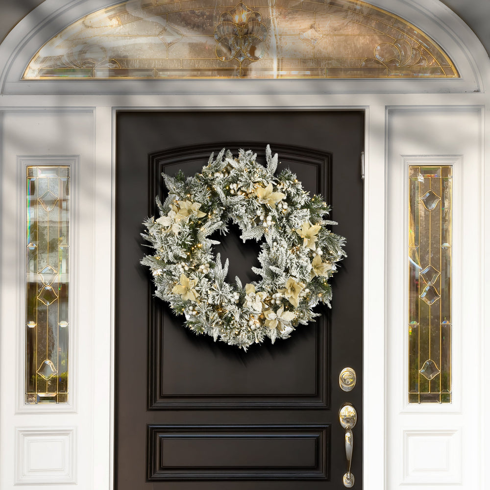 Pre-Lit Frosted Colonial Fir Christmas Wreath with Poinsettias Berry Clusters | USA Decoration®