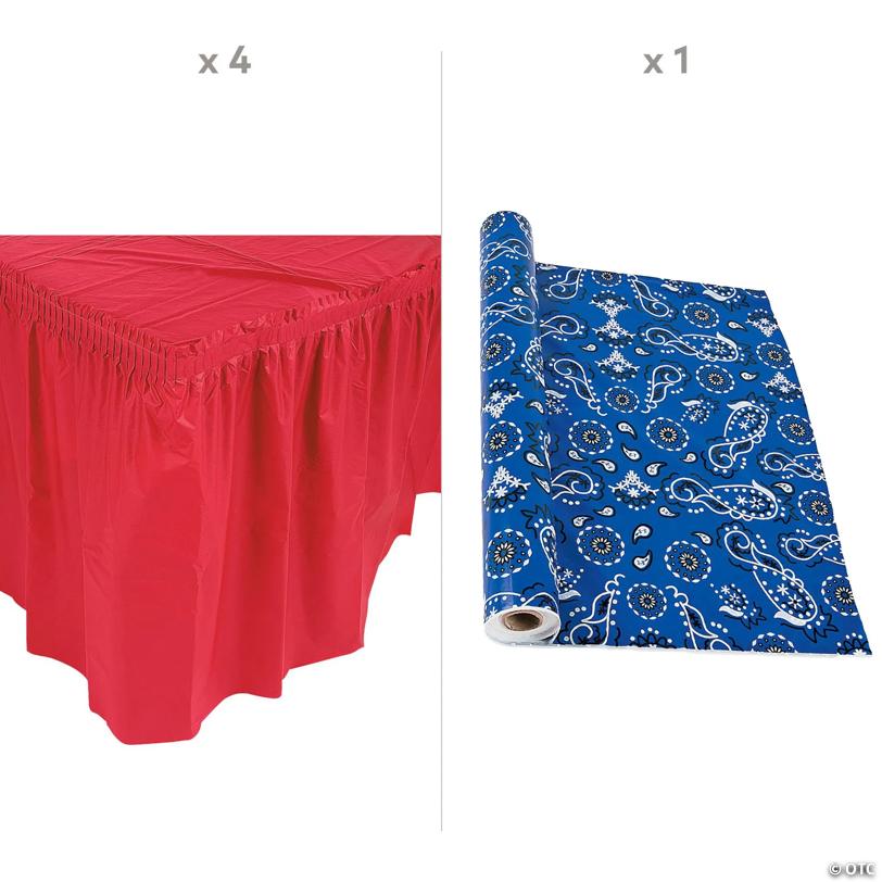 Patriotic Blue Bandana Plastic Tablecloth Roll with Red Table Skirts Decorating Kit - 5 Pc.
