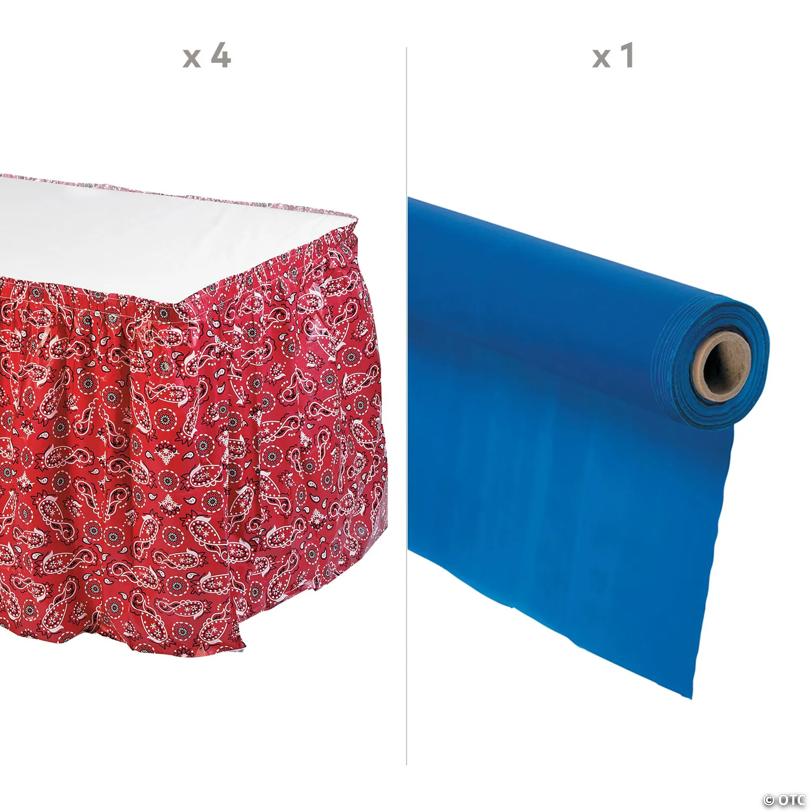 Patriotic Blue Plastic Tablecloth Roll with Red Bandana Table Skirts Decorating Kit - 5 Pc.