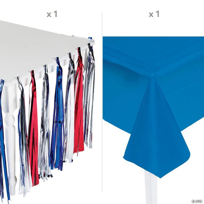 Patriotic Blue Plastic Tablecloth with Metallic Red, White & Blue Table Skirt Kit - 2 Pc.