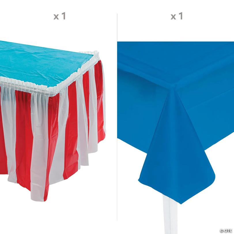 Patriotic Blue Plastic Tablecloth with Red & White Striped Table Skirt Kit - 2 Pc.