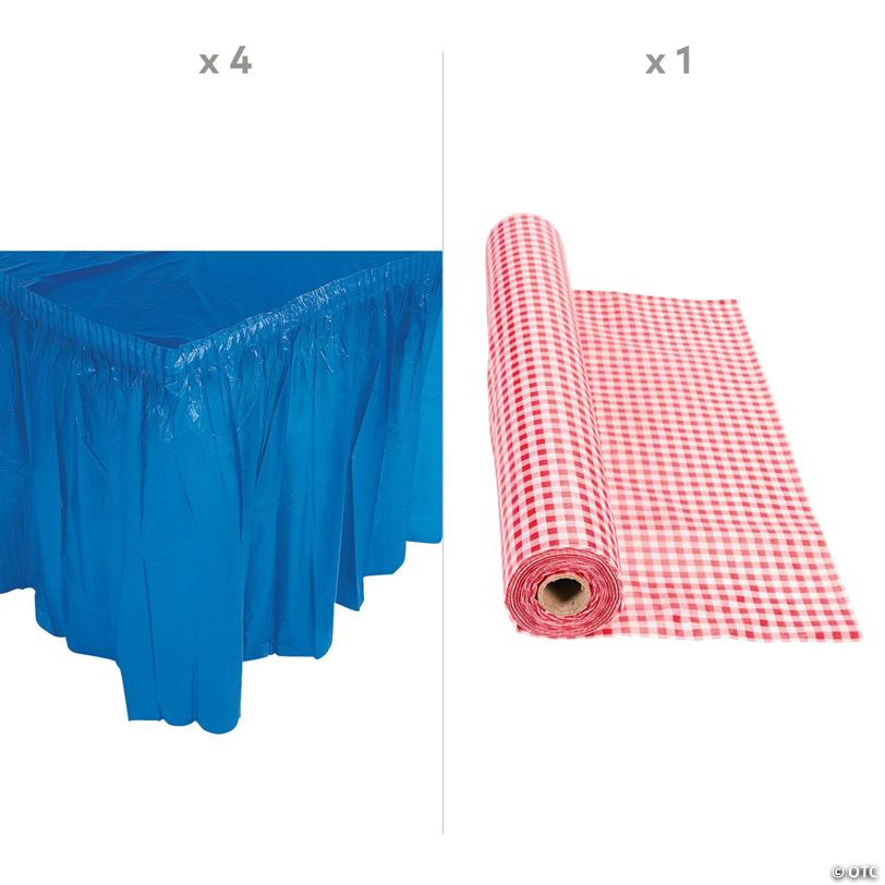 Patriotic Red Gingham Print Plastic Tablecloth Roll with Blue Table Skirts Decorating Kit - 5 Pc.