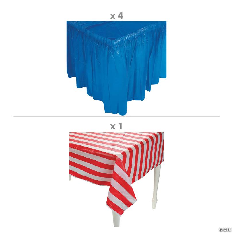 Patriotic Striped Plastic Tablecloth Roll with Blue Table Skirts Decorating Kit - 5 Pc.