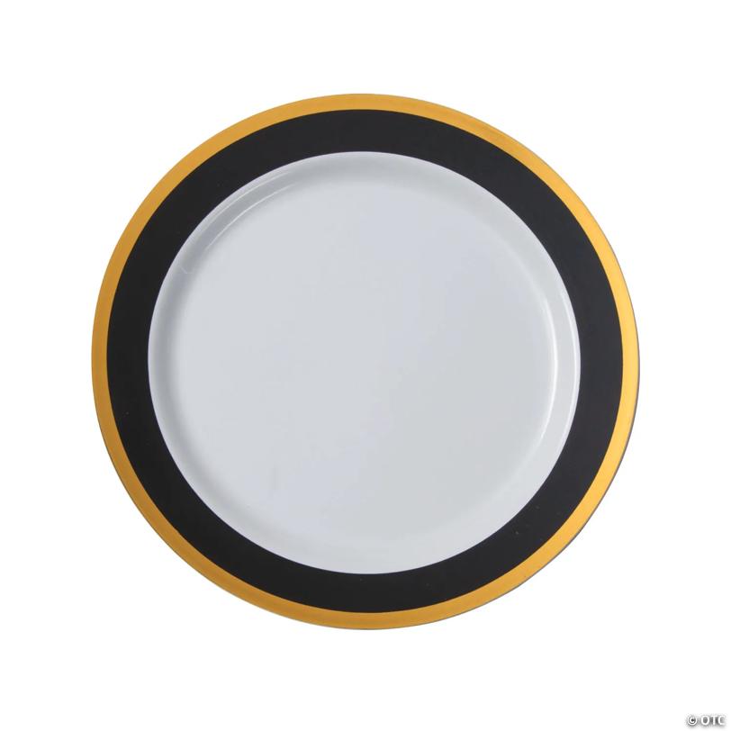 Premium Black & White Plastic Dinner Plates with Gold Border - 25 Pieces | USA Decoration®