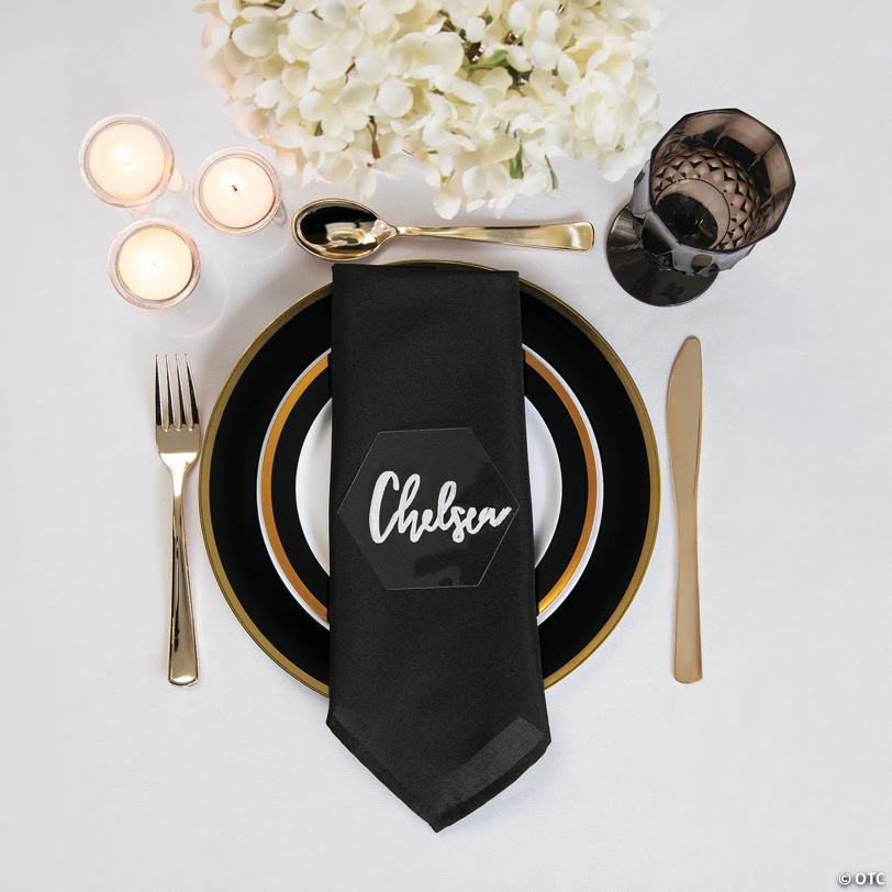 Premium Black & White Plastic Dinner Plates with Gold Trim - 25 Pieces | USA Decoration®