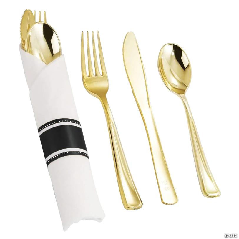 Premium Gold Plastic Cutlery in White Napkin Rolls Set - Napkins, Forks, Knives, Spoons and Paper Rings (100 Sets) | USA Decoration®
