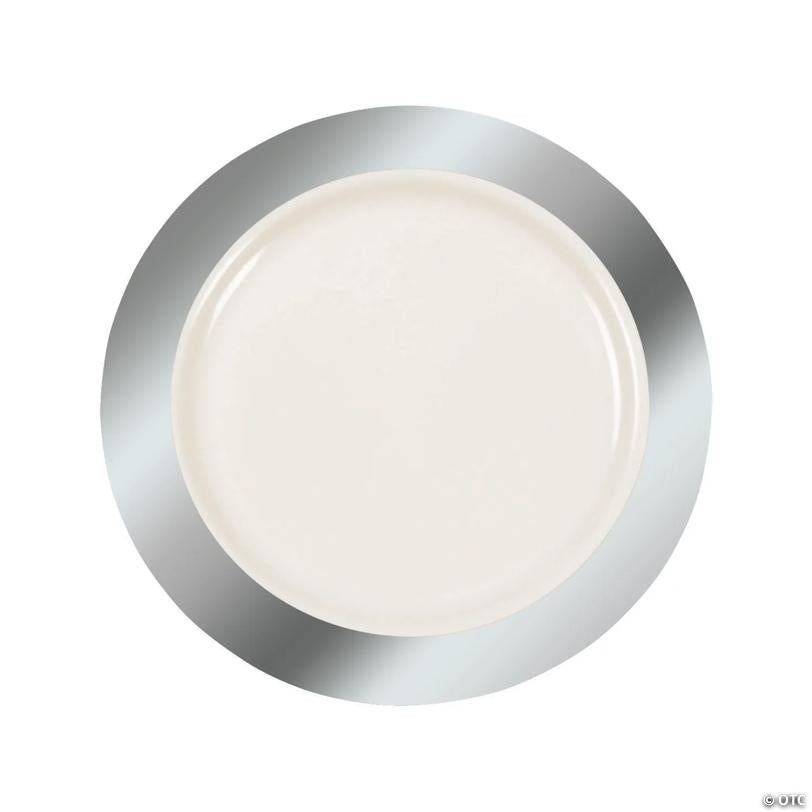 Premium Ivory Plastic Dinner Plates with Silver Border - 25 Pieces | USA Decoration®