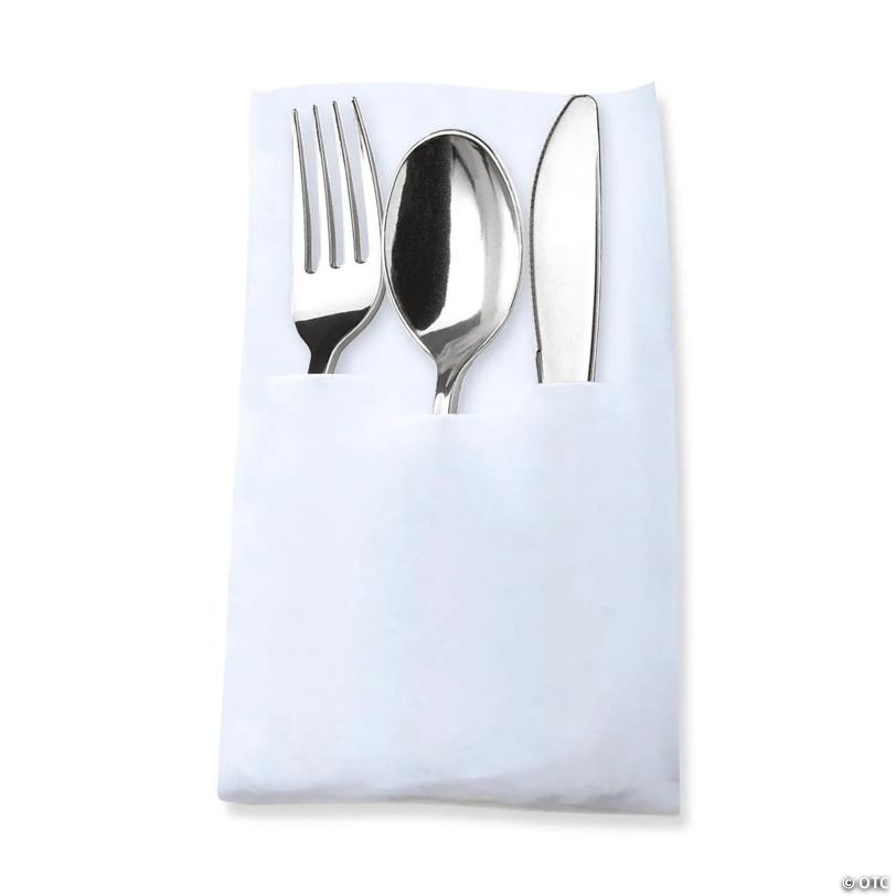 Premium Silver Plastic Cutlery in White Pocket Napkin Set - Napkins, Forks, Knives, and Spoons (70 Sets) | USA Decoration®