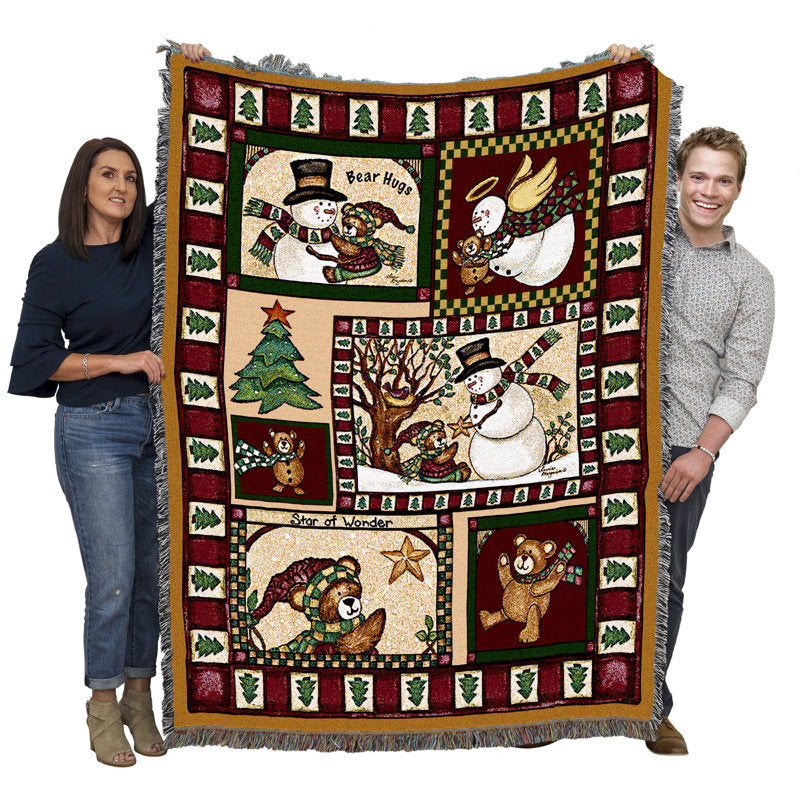 Pure Country Weavers Christmas Bear Patchwork Quilt Blanket - Snowman Angel Tree Gift Tapestry Throw Woven from Cotton - Made in the USA (72x54)