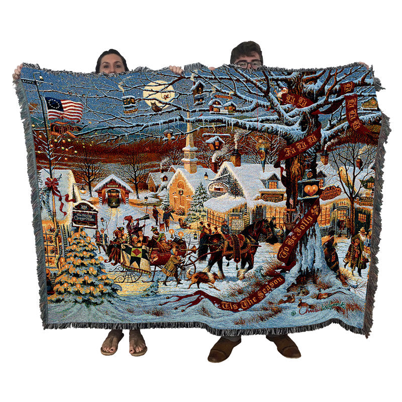 Pure Country Weavers Small Town Christmas Blanket by Charles Wysocki - Sleigh Ride Early America Gift Tapestry Throw Woven from Cotton - Made in the USA (72x54)