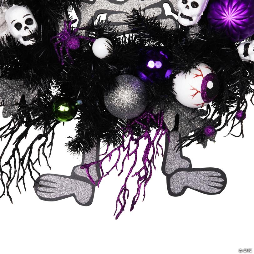 Purple and Black Spooky Skeleton Pine Halloween Wreath 24-Inch Unlit